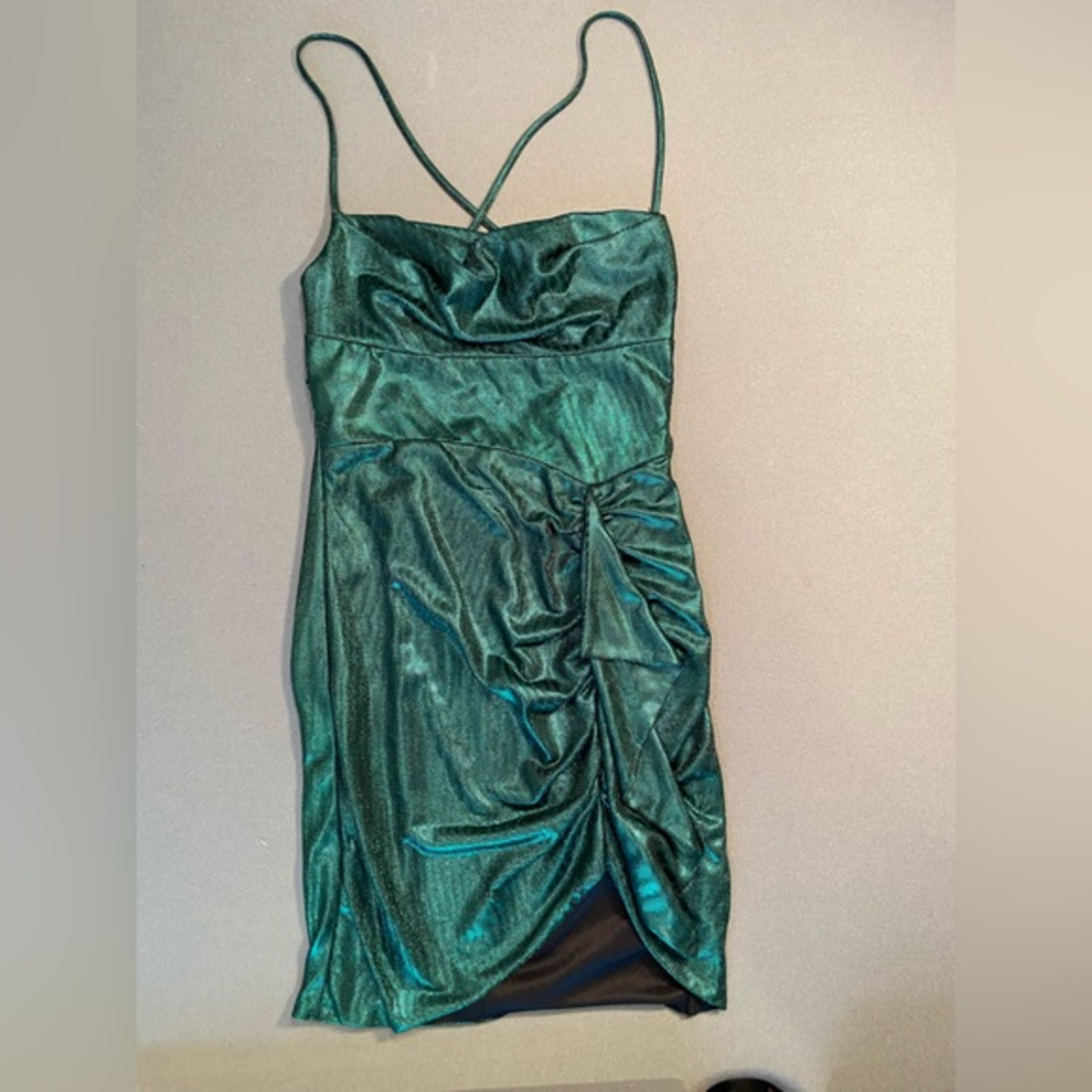 City Vibe, Mini sparkle Cocktail Dress w/ruffle on oneโ side,sleeveless, sz M